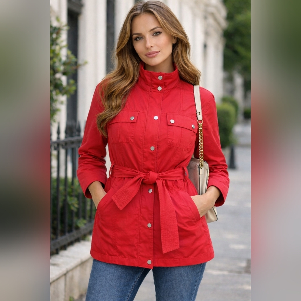 Red Utility Jacket Belted Lightweight Spring Jacket Military Style Size S/M